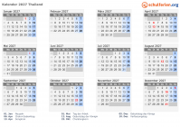 Kalender 2027 mit Ferien und Feiertagen Thailand