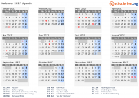 Kalender 2027 mit Ferien und Feiertagen Uganda