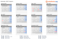 Kalender 2027 mit Ferien und Feiertagen Ungarn