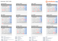 Kalender 2027 mit Ferien und Feiertagen USA