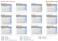 Kalender 2027 mit Ferien und Feiertagen Venezuela