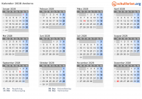 Kalender 2028 mit Ferien und Feiertagen Andorra