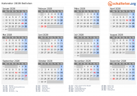 Kalender 2028 mit Ferien und Feiertagen Bolivien