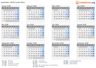 Kalender 2028 mit Ferien und Feiertagen Costa Rica