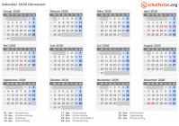Kalender 2028 mit Ferien und Feiertagen Dänemark