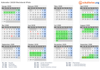 Kalender 2028 mit Ferien und Feiertagen Rheinland-Pfalz