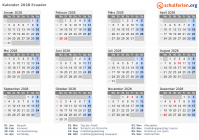 Kalender 2028 mit Ferien und Feiertagen Ecuador