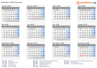 Kalender 2028 mit Ferien und Feiertagen Guyana