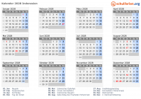 Kalender 2028 mit Ferien und Feiertagen Indonesien