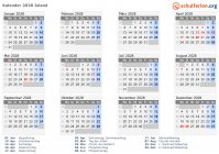 Kalender 2028 mit Ferien und Feiertagen Island