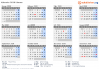 Kalender 2028 mit Ferien und Feiertagen Litauen