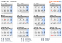Kalender 2028 mit Ferien und Feiertagen Luxemburg