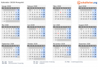 Kalender 2028 mit Ferien und Feiertagen Mongolei
