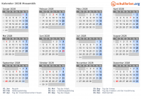 Kalender 2028 mit Ferien und Feiertagen Mosambik