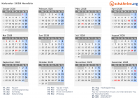 Kalender 2028 mit Ferien und Feiertagen Namibia