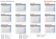 Kalender 2028 mit Ferien und Feiertagen Österreich