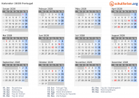 Kalender 2028 mit Ferien und Feiertagen Portugal