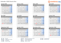 Kalender 2028 mit Ferien und Feiertagen Puerto Rico