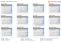 Kalender 2028 mit Ferien und Feiertagen Sierra Leone