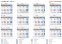 Kalender 2028 mit Ferien und Feiertagen Spanien