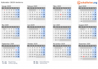 Kalender 2029 mit Ferien und Feiertagen Andorra