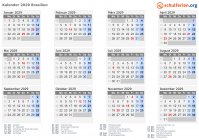 Kalender 2029 mit Ferien und Feiertagen Brasilien