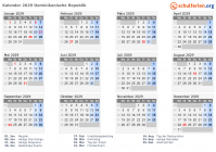 Kalender 2029 mit Ferien und Feiertagen Dominikanische Republik
