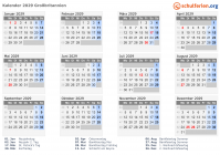 Kalender 2029 mit Ferien und Feiertagen Großbritannien