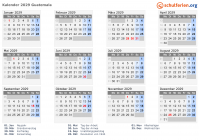 Kalender 2029 mit Ferien und Feiertagen Guatemala