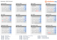 Kalender 2029 mit Ferien und Feiertagen Island