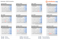 Kalender 2029 mit Ferien und Feiertagen Jamaika