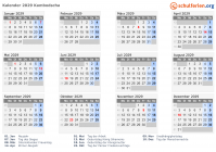 Kalender 2029 mit Ferien und Feiertagen Kambodscha