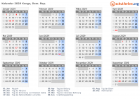 Kalender 2029 mit Ferien und Feiertagen Kongo, Dem. Rep.