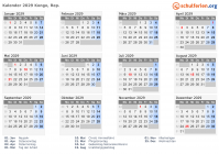 Kalender 2029 mit Ferien und Feiertagen Kongo, Rep.