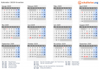 Kalender 2029 mit Ferien und Feiertagen Kroatien