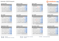 Kalender 2029 mit Ferien und Feiertagen Mongolei