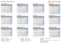 Kalender 2029 mit Ferien und Feiertagen Namibia