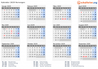 Kalender 2029 mit Ferien und Feiertagen Norwegen