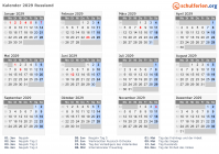 Kalender 2029 mit Ferien und Feiertagen Russland