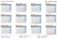 Kalender 2029 mit Ferien und Feiertagen Südsudan