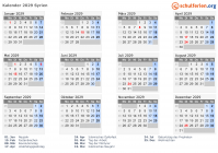 Kalender 2029 mit Ferien und Feiertagen Syrien