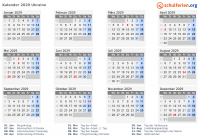 Kalender 2029 mit Ferien und Feiertagen Ukraine