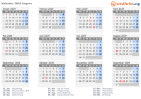 Kalender 2029 mit Ferien und Feiertagen Ungarn