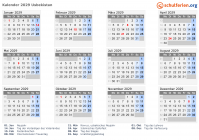 Kalender 2029 mit Ferien und Feiertagen Usbekistan