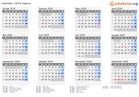 Kalender 2029 mit Ferien und Feiertagen Zypern