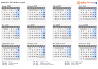 Kalender 2030 mit Ferien und Feiertagen Nicaragua