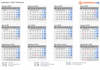 Kalender 2030 mit Ferien und Feiertagen Thailand