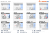 Kalender 2030 mit Ferien und Feiertagen Ukraine