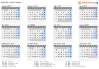 Kalender 2031 mit Ferien und Feiertagen Belize