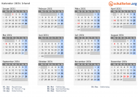 Kalender 2031 mit Ferien und Feiertagen Irland
